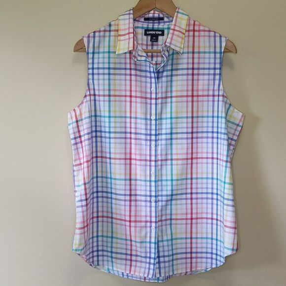 Lands' End Tops - LAND'S END NO IRON SUPIMA COLLARED TANK PLAID